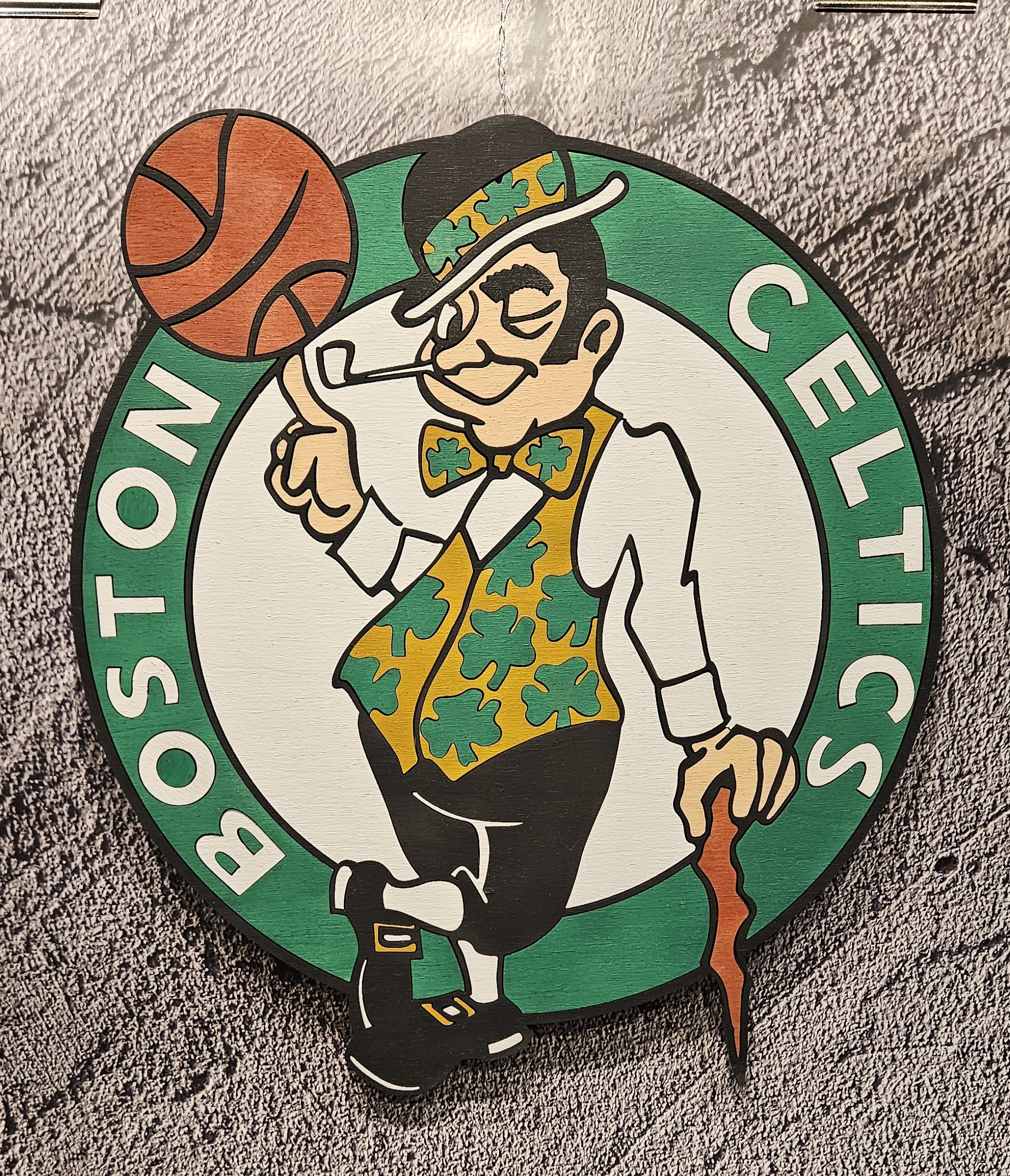Completed layered wood Celtics sign, laser cut, assembled, and hand painted by Kennedy Laser Works