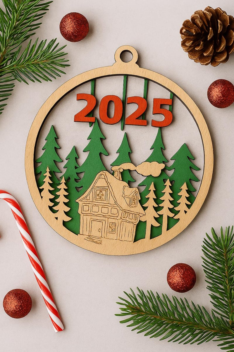layered year ornament with cabin and evergreens, shown in a styled setting