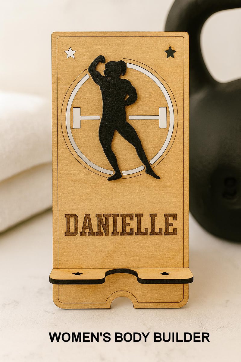 personalized sports phone holder with athlete silhouette, shown in a styled setting
