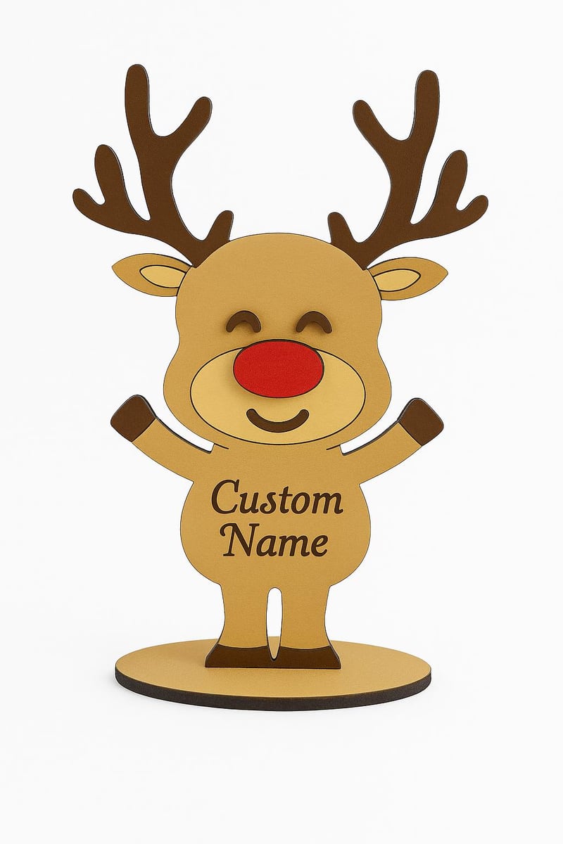 personalized reindeer with antlers, red nose, and stand, shown in a styled setting