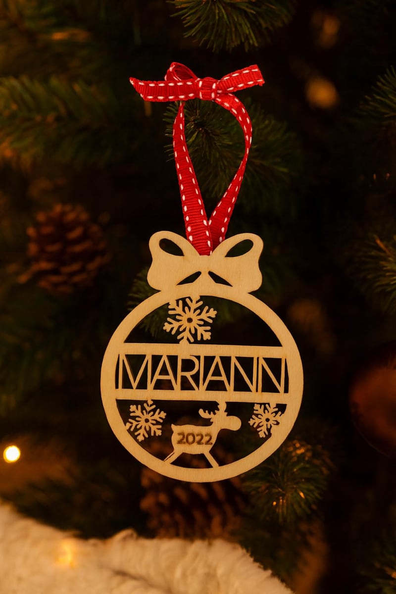 personalized snowflake ornament with center name, shown in a styled setting