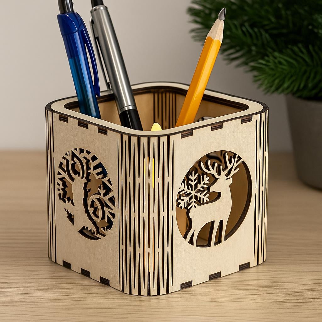 laser-cut open wooden box with tree silhouettes, shown in a styled setting