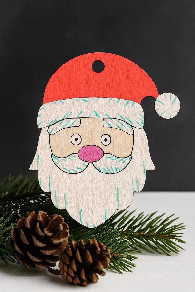 hand-painted Santa face ornament, shown in a styled setting