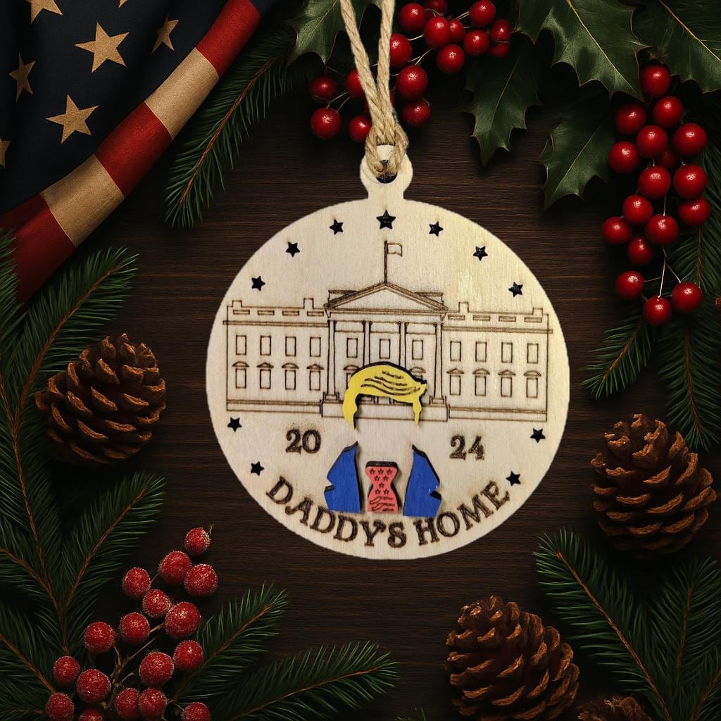 engraved Daddy’s Home ornament with house design, shown in a styled setting