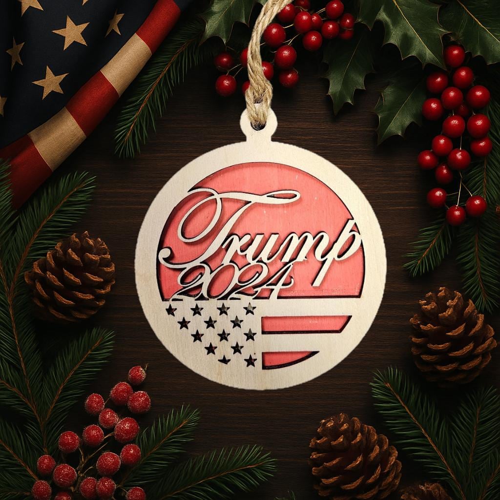 Trump 2024 ornament with stars and stripes, shown in a styled setting