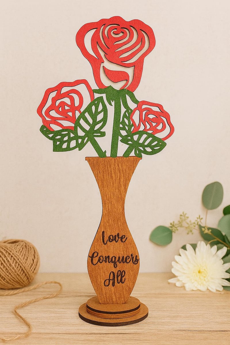 wooden rose vase with red flowers and message, shown in a styled setting