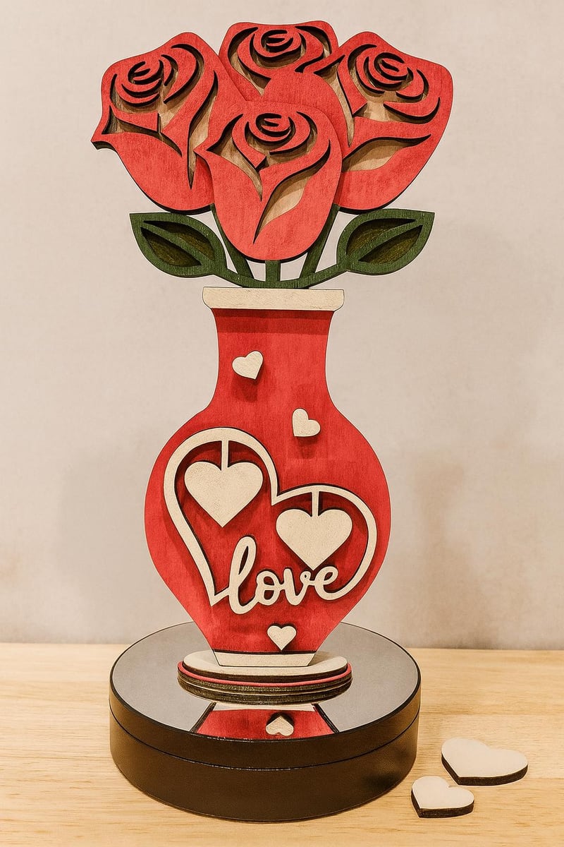 wooden rose bouquet in a vase with heart accents, shown in a styled setting