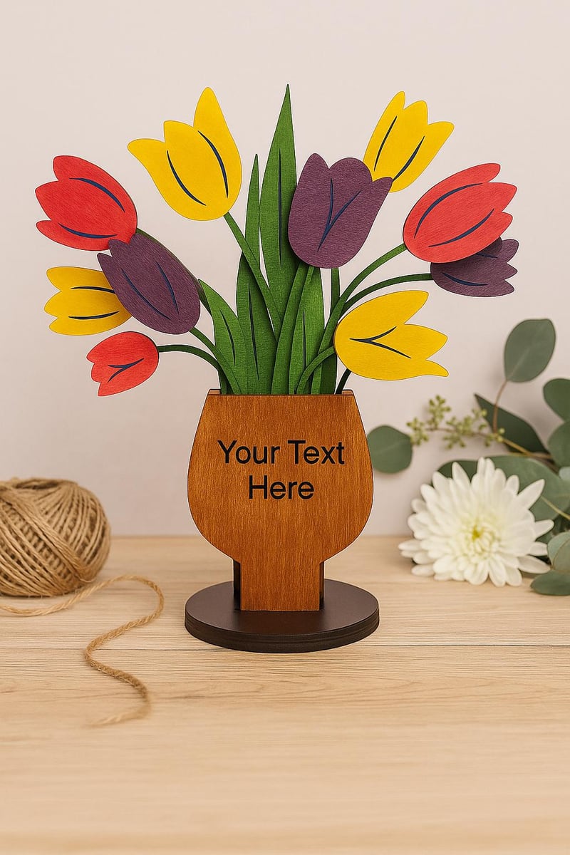 wooden flower bouquet arranged in a vase, shown in a styled setting
