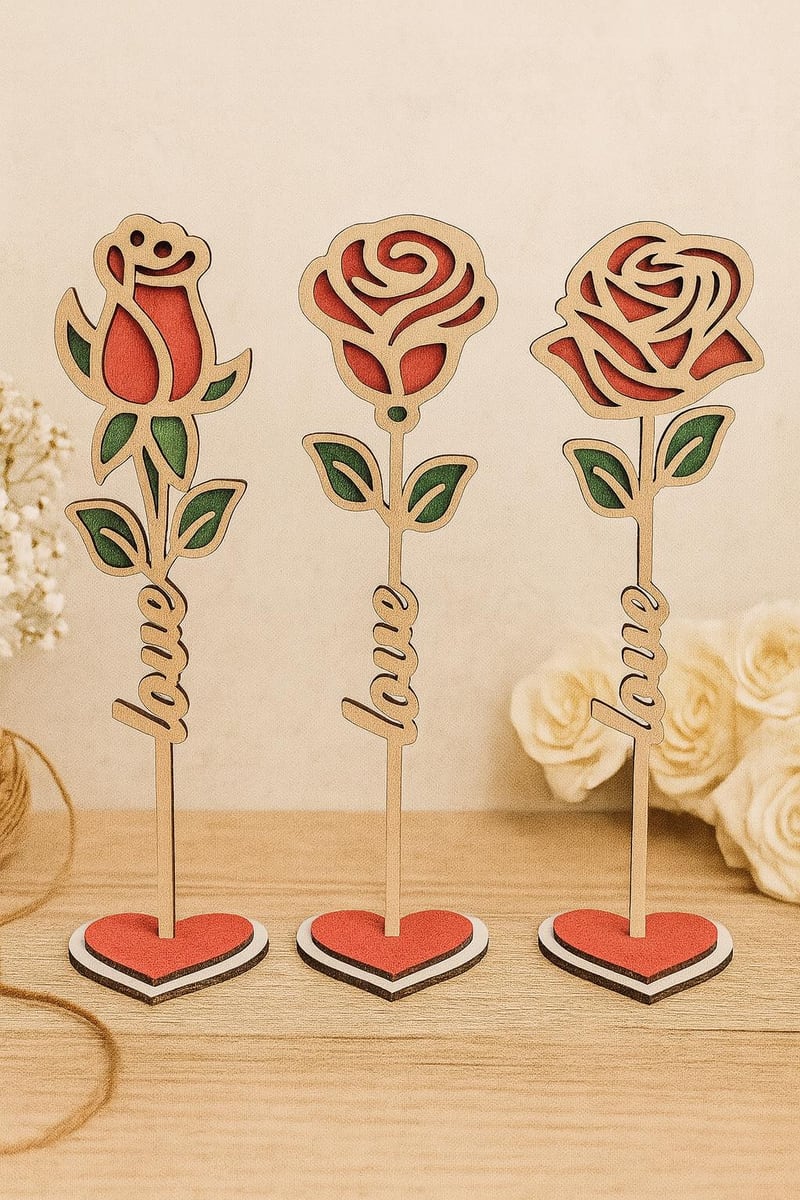 personalized wooden rose with name lettering, shown in a styled setting