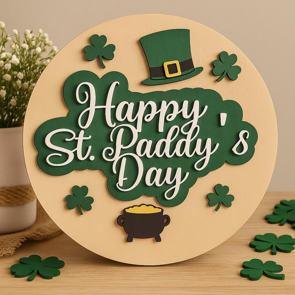 round Happy St. Paddy’s Day sign with white letters and shamrocks, shown in a styled setting