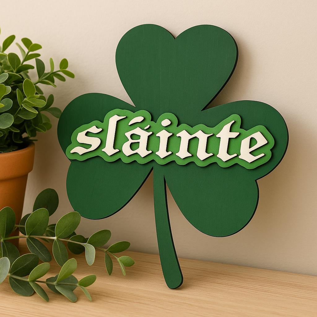 green Sláinte shamrock hanging with layered lettering, shown in a styled setting