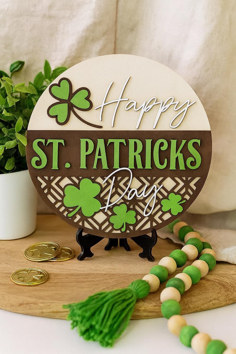 round Happy St. Patrick’s Day clover sign, shown in a styled setting