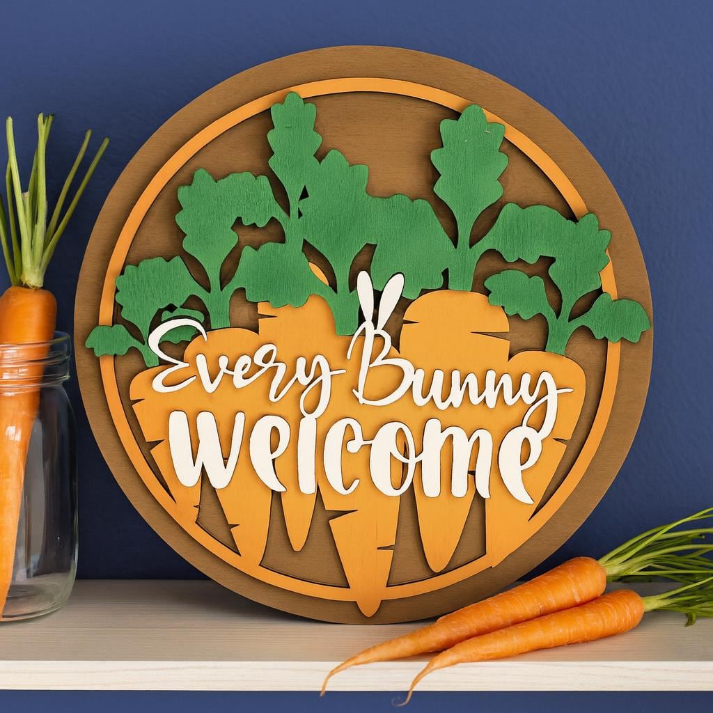 Every Bunny Welcome sign with carrots and bunny ears, shown in a styled setting