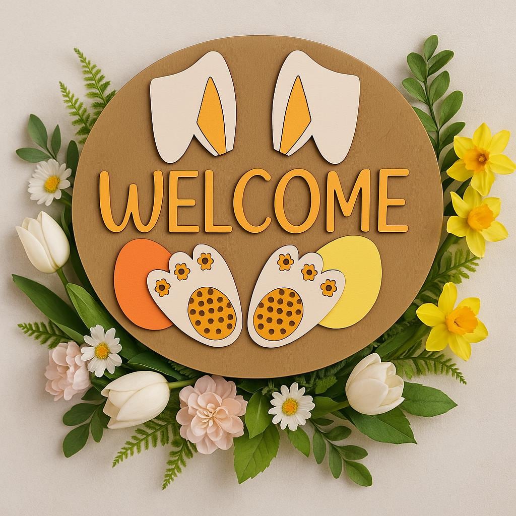 spring Welcome sign with bunny ears and paw prints, shown in a styled setting