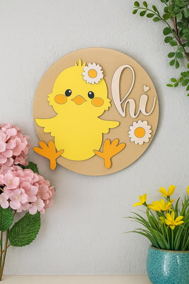 Easter chick sign with flowers and hi greeting, shown in a styled setting