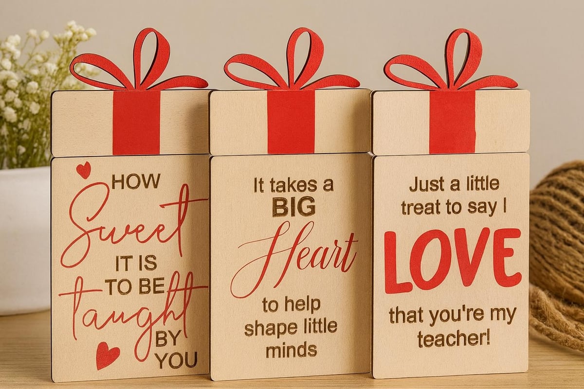 wooden Valentine gift card holder with engraved message, shown in a styled setting
