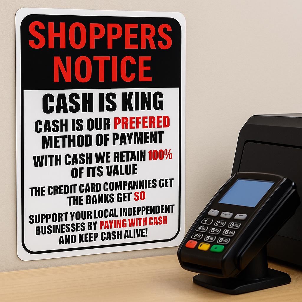 Cash Is King shoppers notice sign, shown in a styled setting
