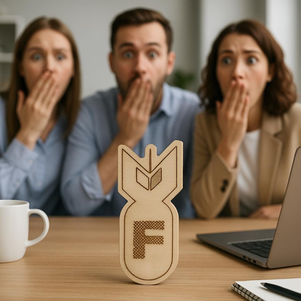 wooden F-Bomb desk accessory with letter F cutout, shown in a styled setting