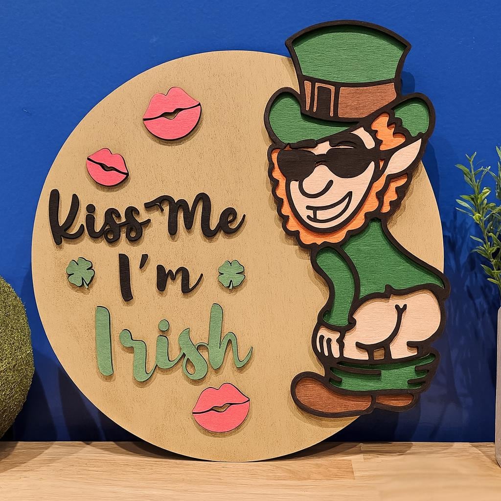 Kiss Me I’m Irish leprechaun sign with green hat, shown in a styled setting