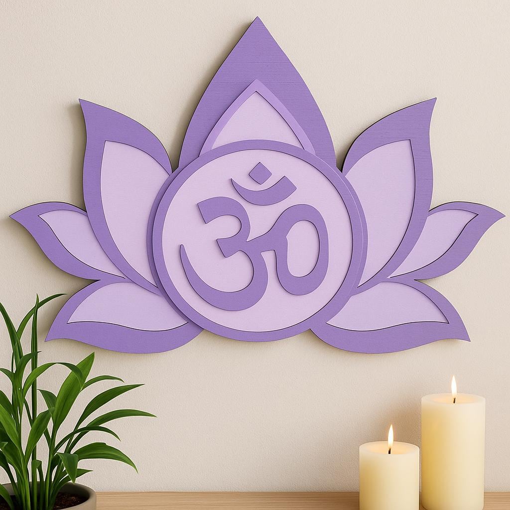 lavender lotus wall art with Om symbol, shown in a styled setting