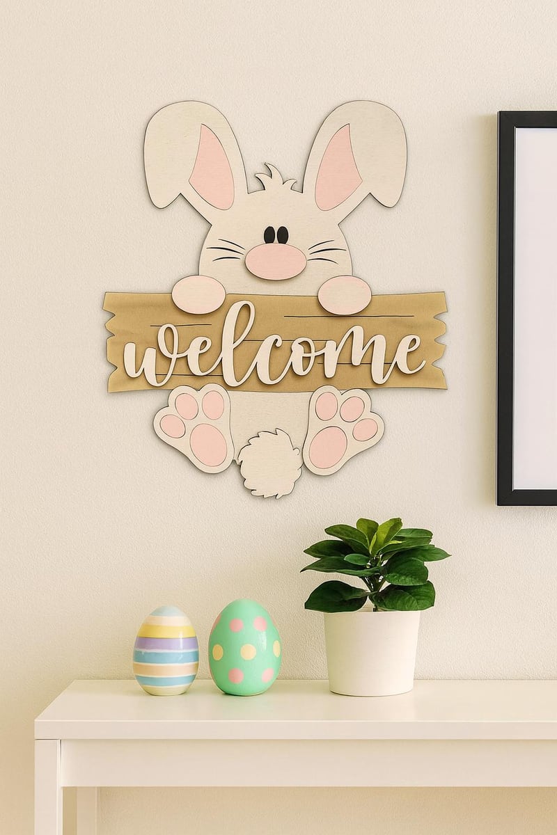 Easter bunny holding a Welcome sign with flowers, shown in a styled setting