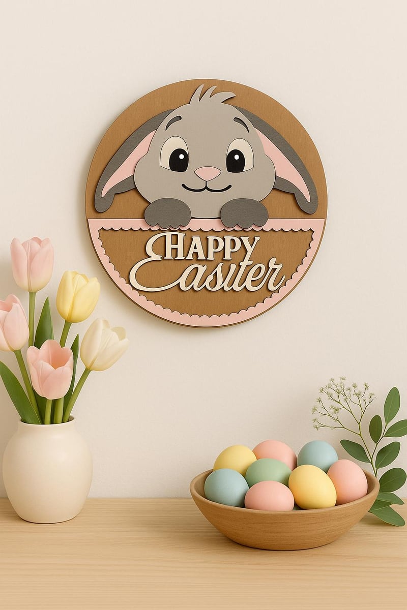 round Easter bunny sign with pastel greeting, shown in a styled setting