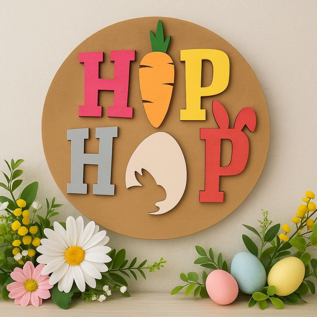 colorful Hip Hop Easter sign with carrots, shown in a styled setting
