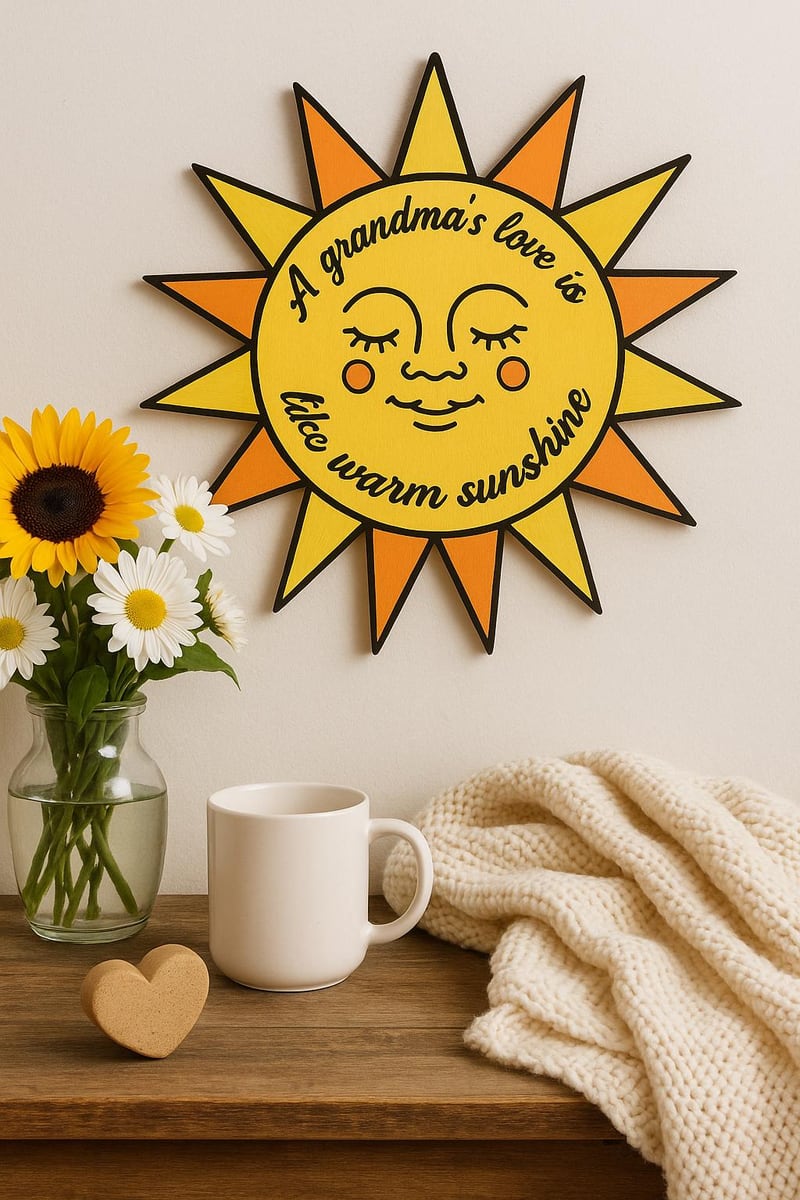 personalized smiling sunshine sign with yellow rays, shown in a styled setting