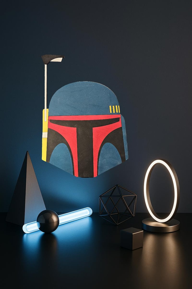blue bounty hunter helmet wall art with red visor, shown in a styled setting