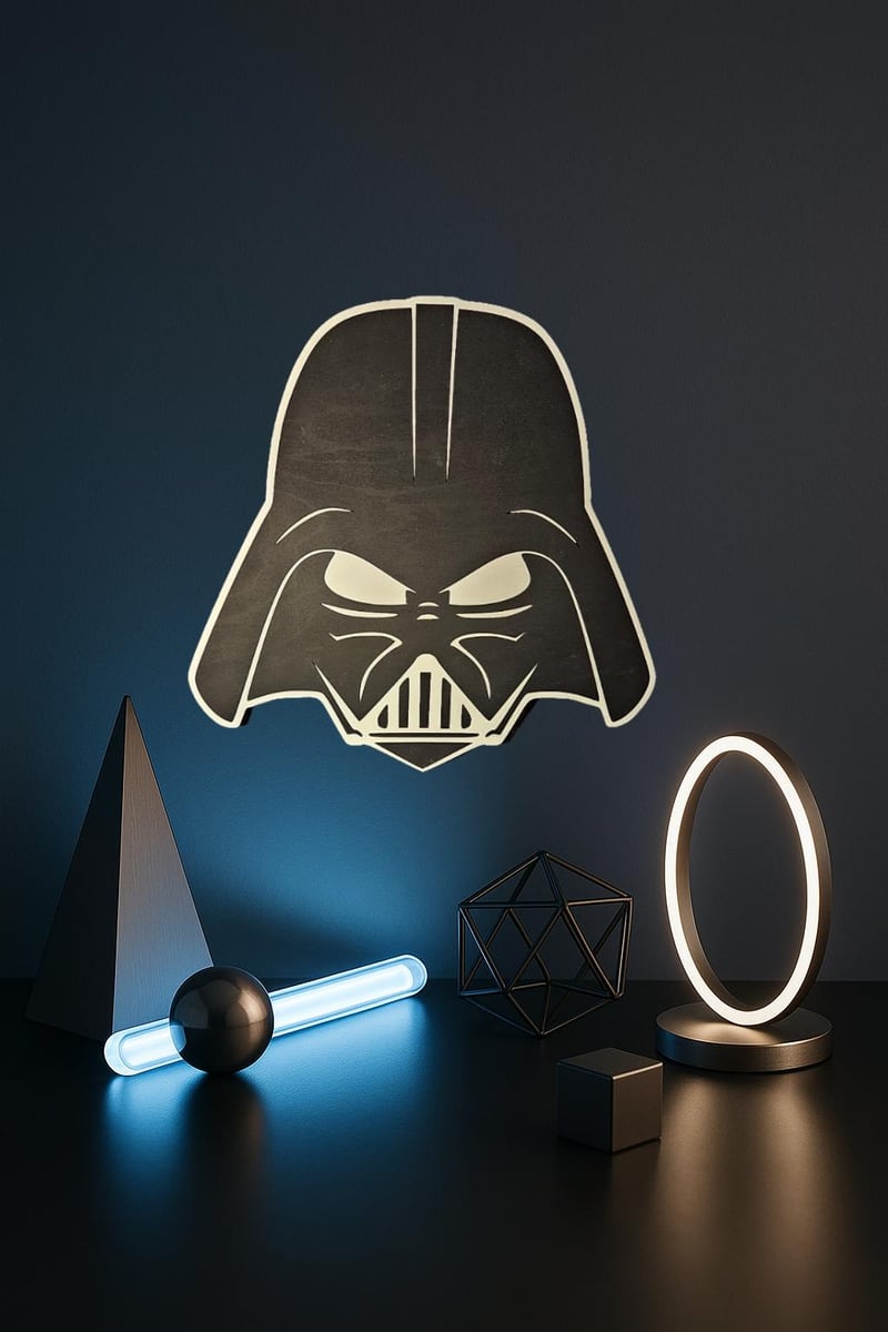 dark galactic helmet wall art with contrasting facial details, shown in a styled setting