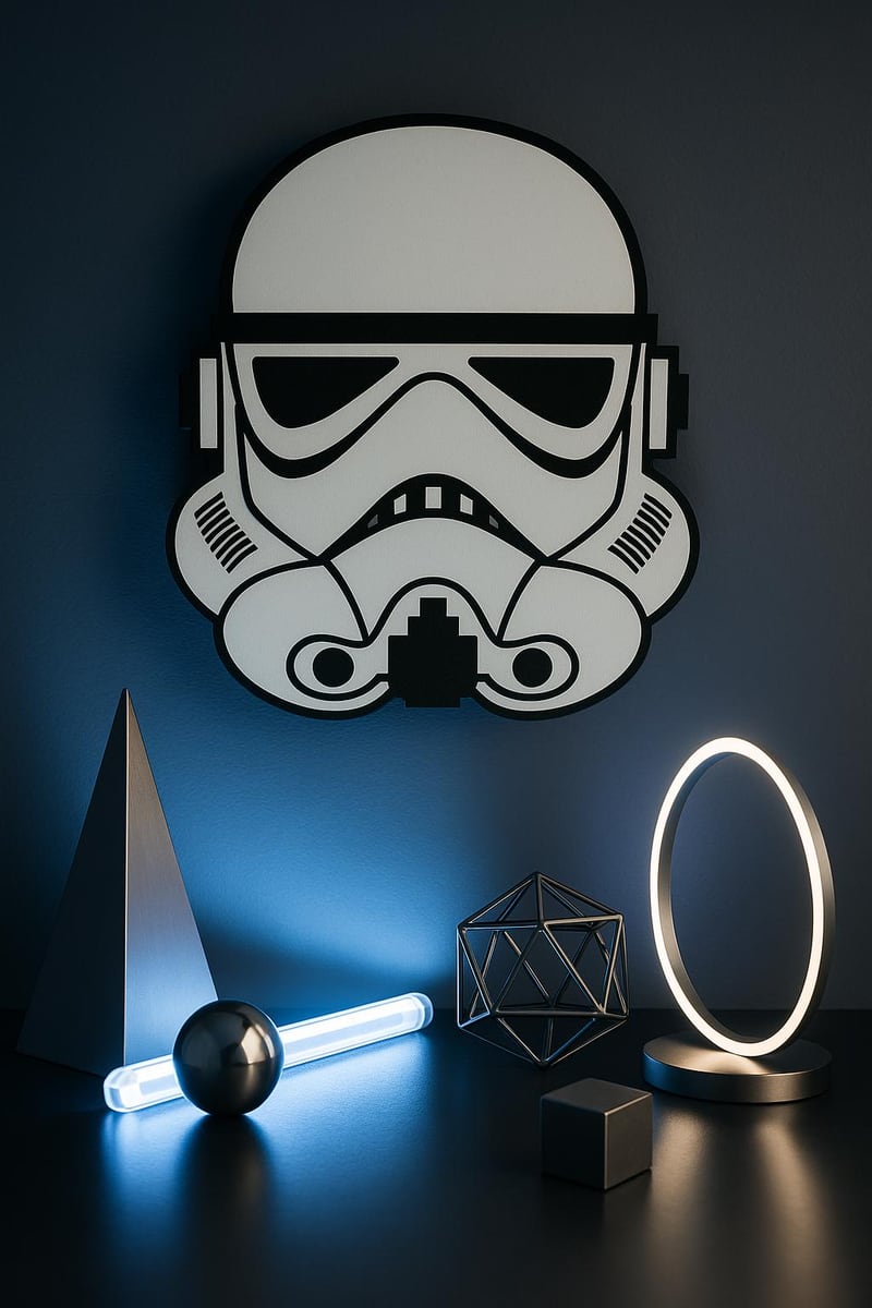 black and white galactic soldier helmet sign, shown in a styled setting