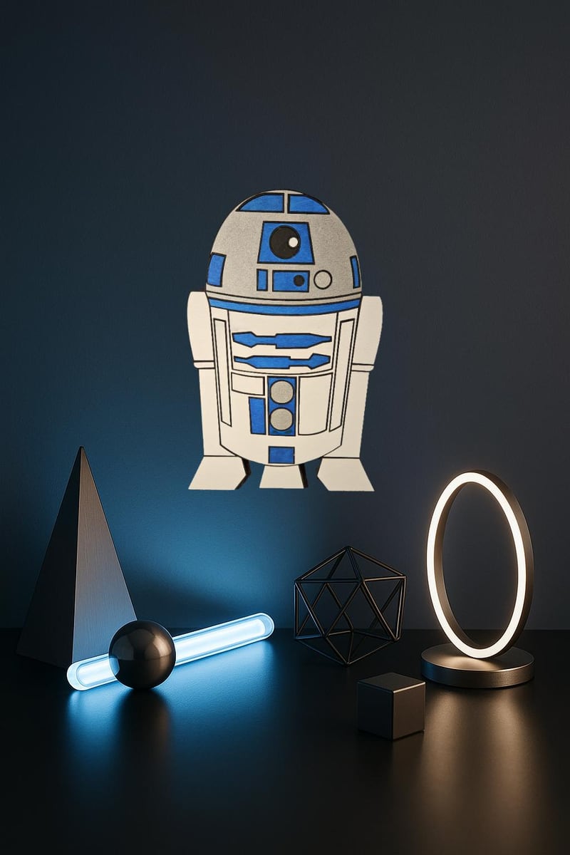 blue and white astromech droid wall art, shown in a styled setting