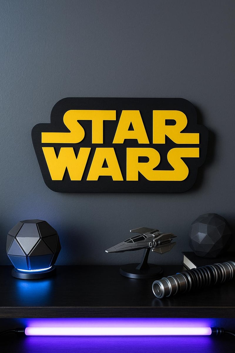 black and yellow layered sci-fi wordmark sign, shown in a styled setting