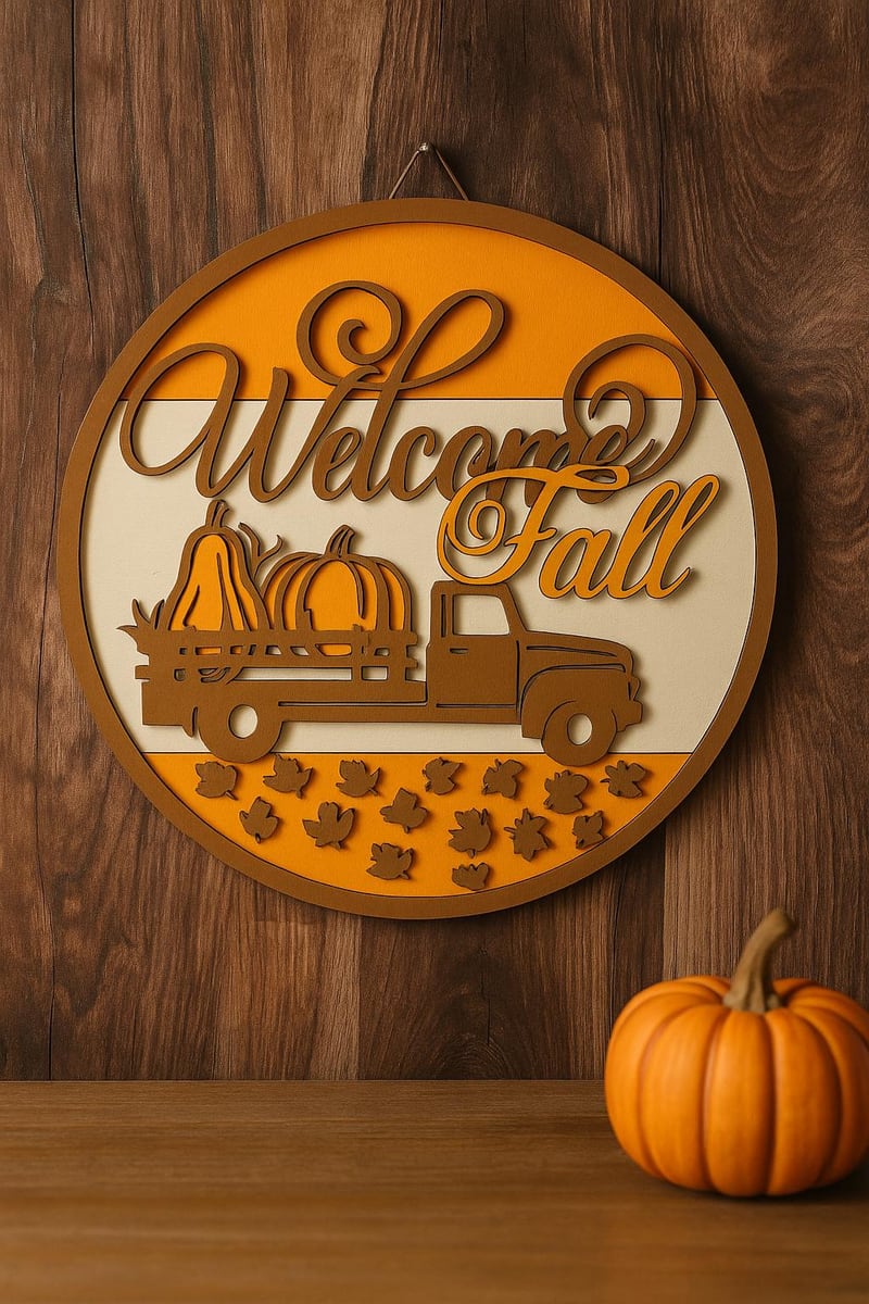 Welcome Fall sign with pumpkin truck, shown in a styled setting
