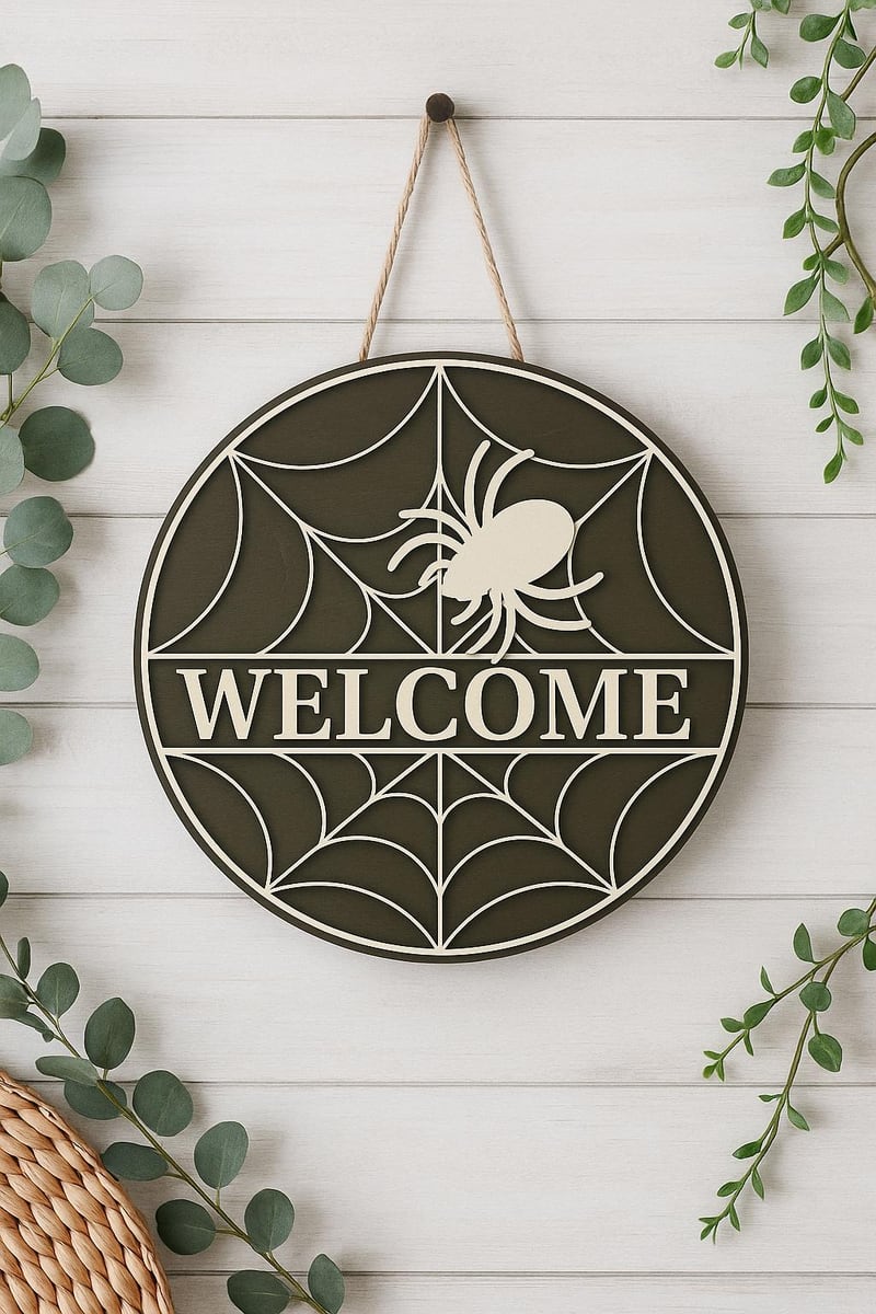 gothic spider web Welcome sign, shown in a styled setting