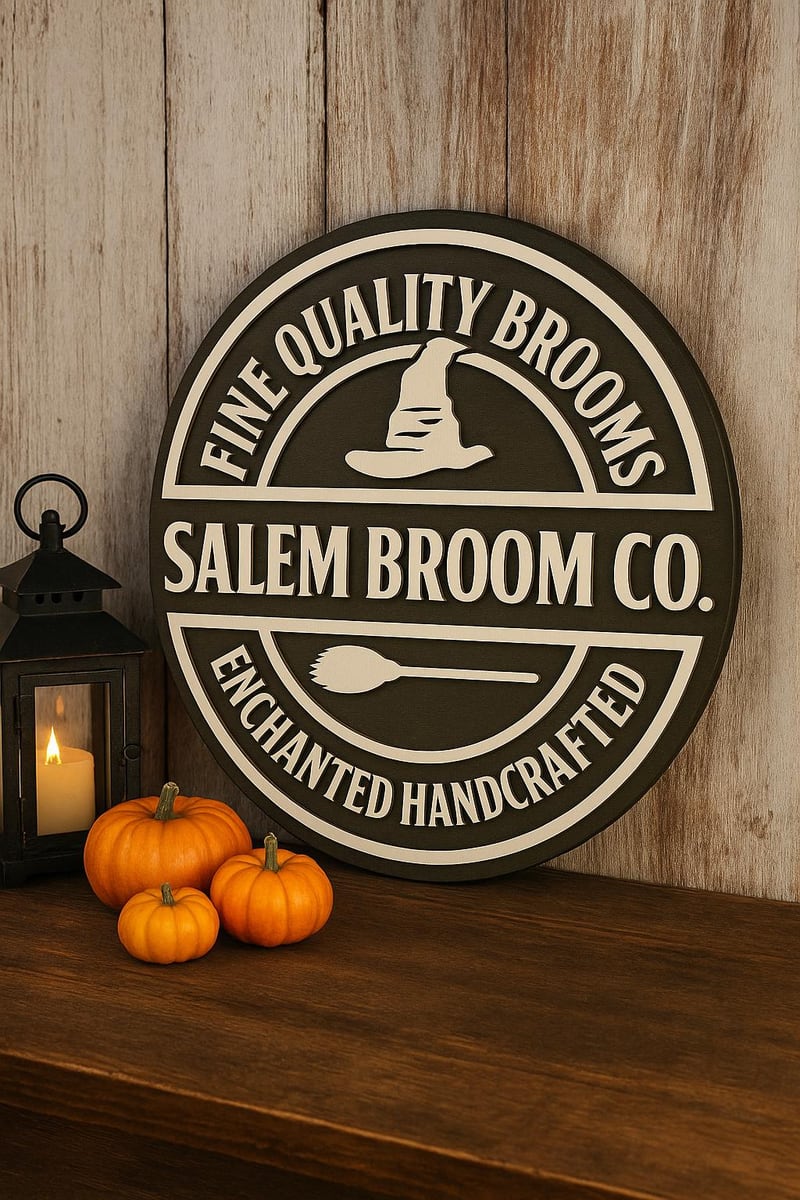 oval Salem Broom Co. witch shop sign, shown in a styled setting