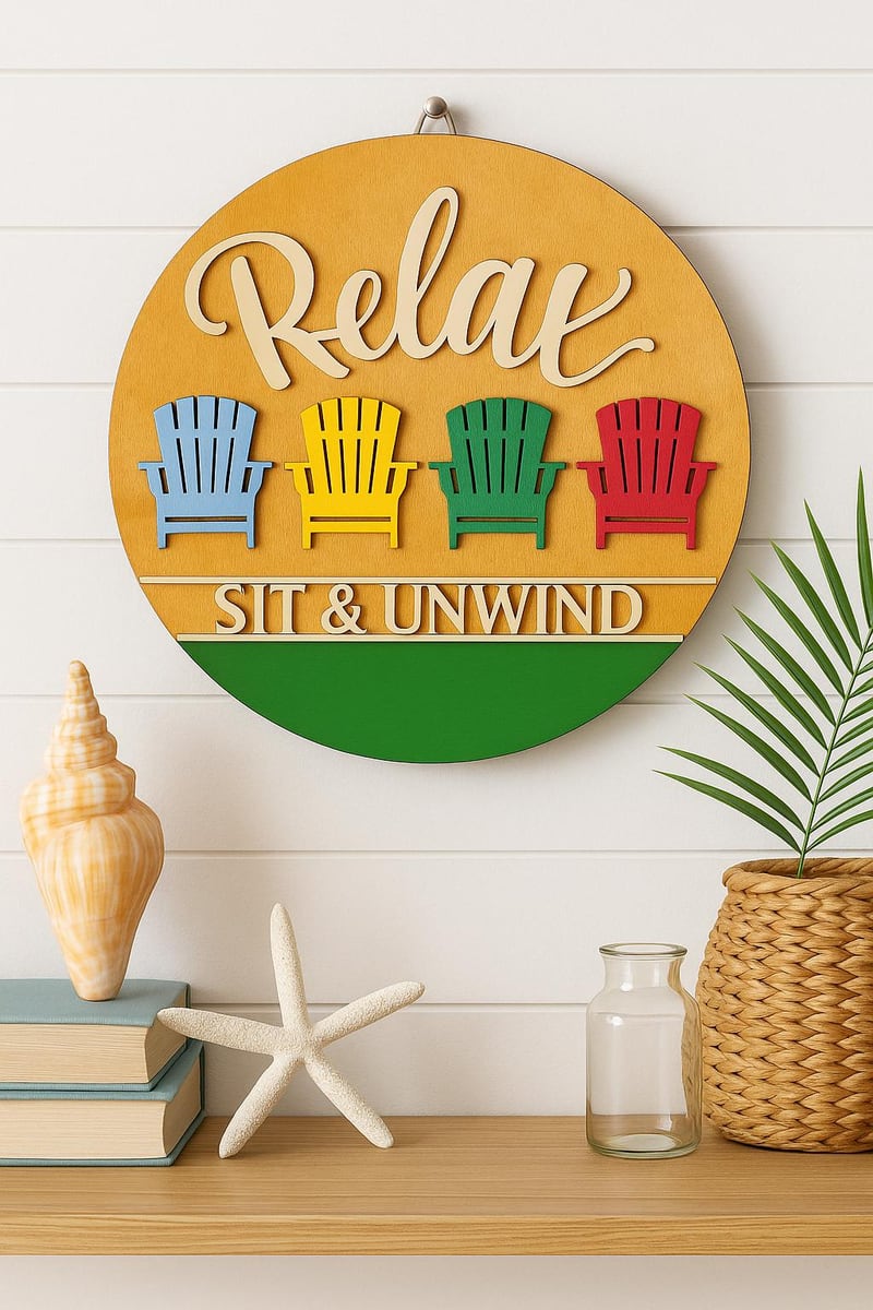 Relax Sit and Unwind sign with Adirondack chairs, shown in a styled setting