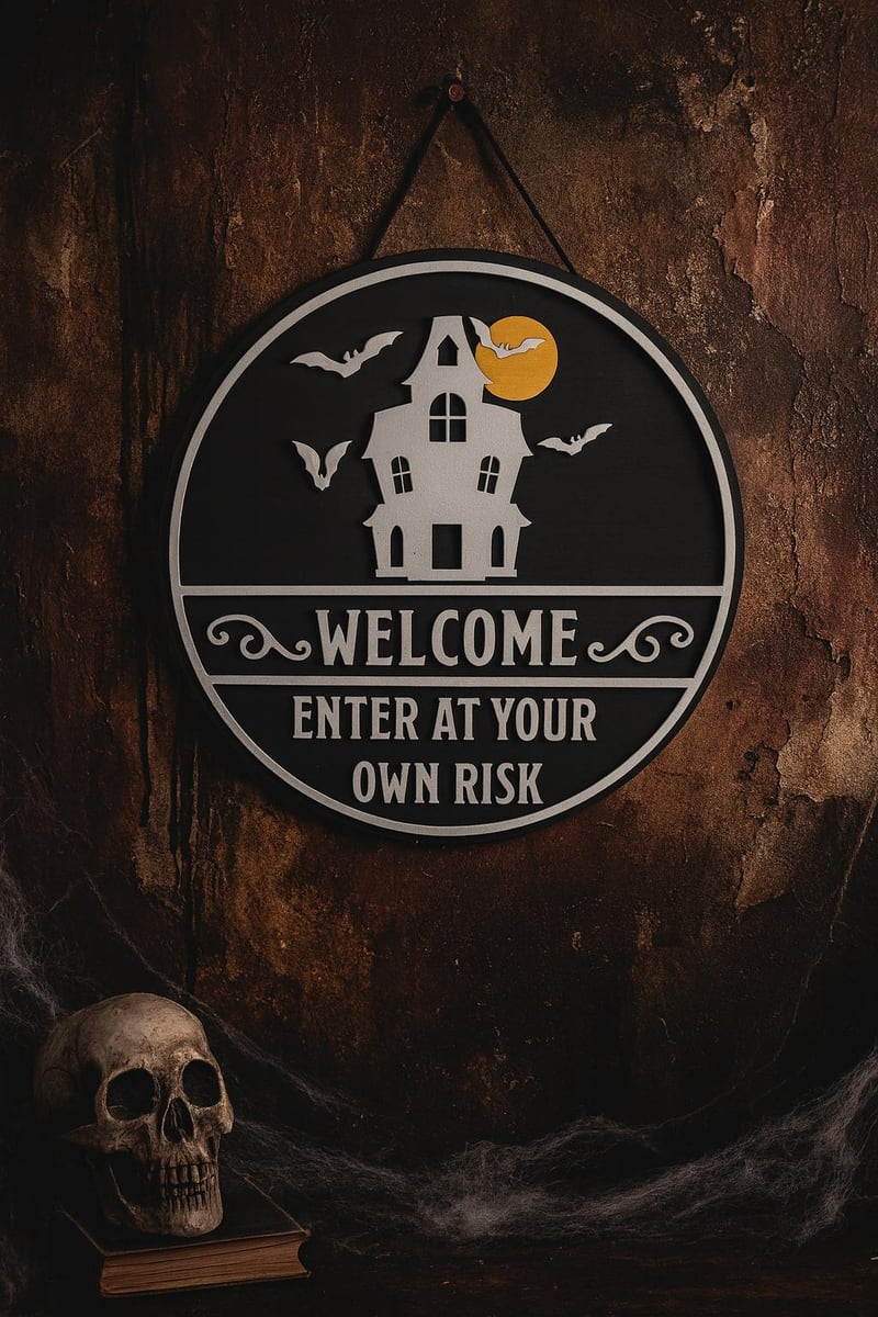 haunted house Welcome Enter at Your Own Risk sign, shown in a styled setting