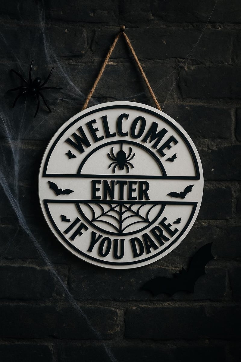 Welcome Enter If You Dare spider and bat sign, shown in a styled setting