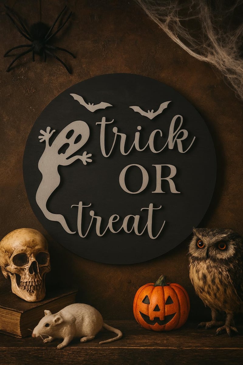 Trick or Treat sign with white ghost and bats, shown in a styled setting