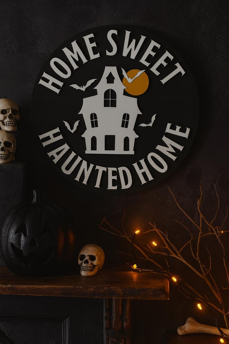 Home Sweet Haunted Home sign with house and bats, shown in a styled setting