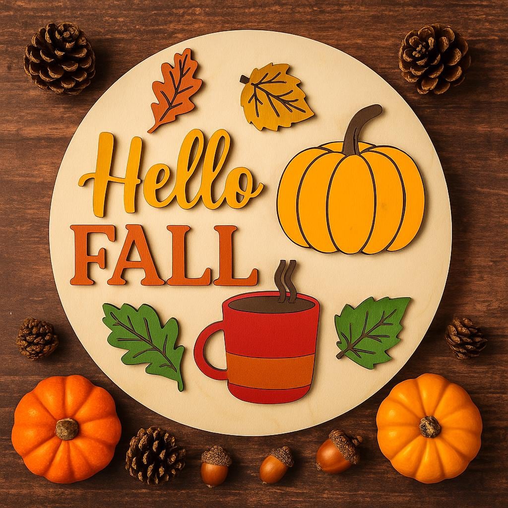 Hello Fall sign with pumpkin, leaves, and coffee mug, shown in a styled setting