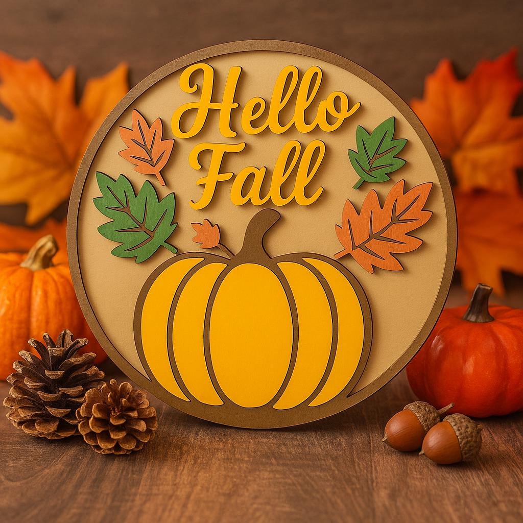 Hello Fall sign with orange pumpkin and colored leaves, shown in a styled setting