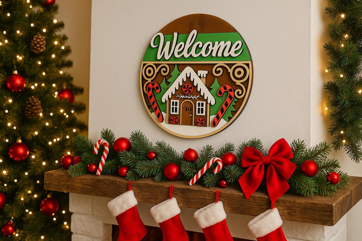gingerbread house Welcome sign with candy canes, shown in a styled setting