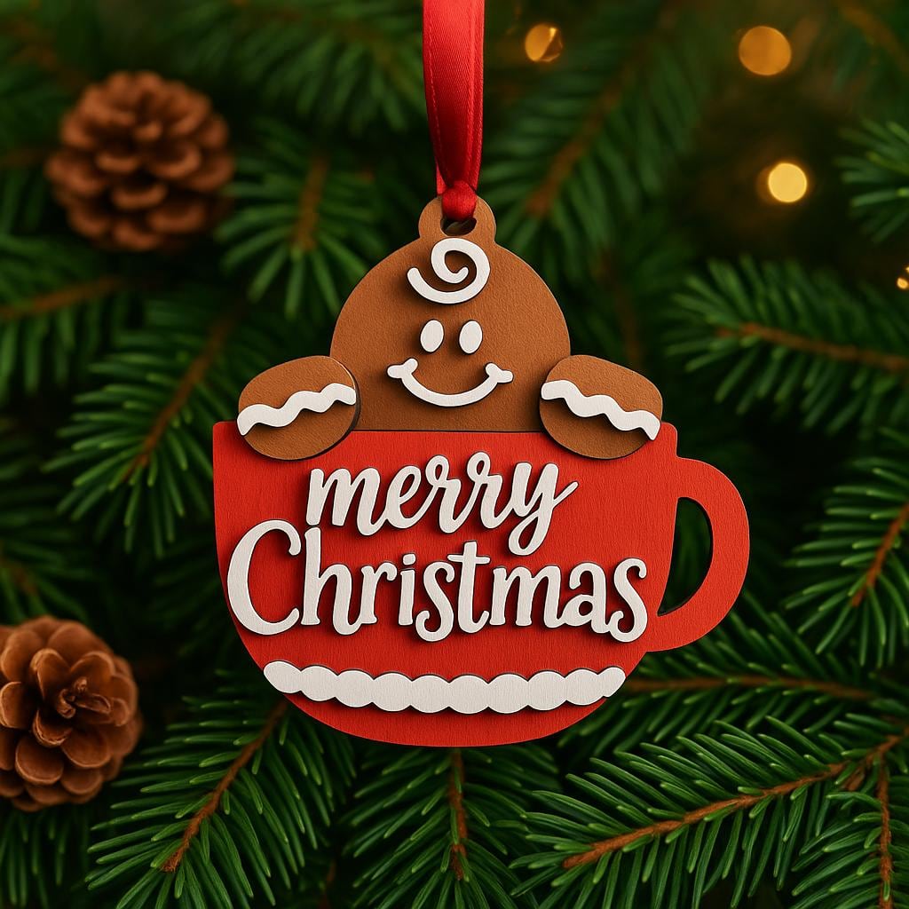 gingerbread figure in a red Merry Christmas mug ornament, shown in a styled setting