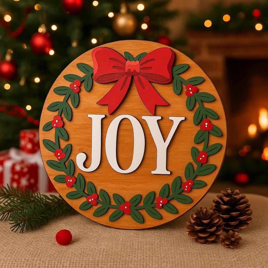 round JOY wreath sign with greenery and bow, shown in a styled setting
