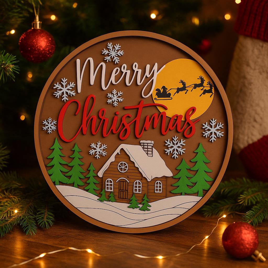 winter cabin Christmas sign with trees and sleigh, shown in a styled setting