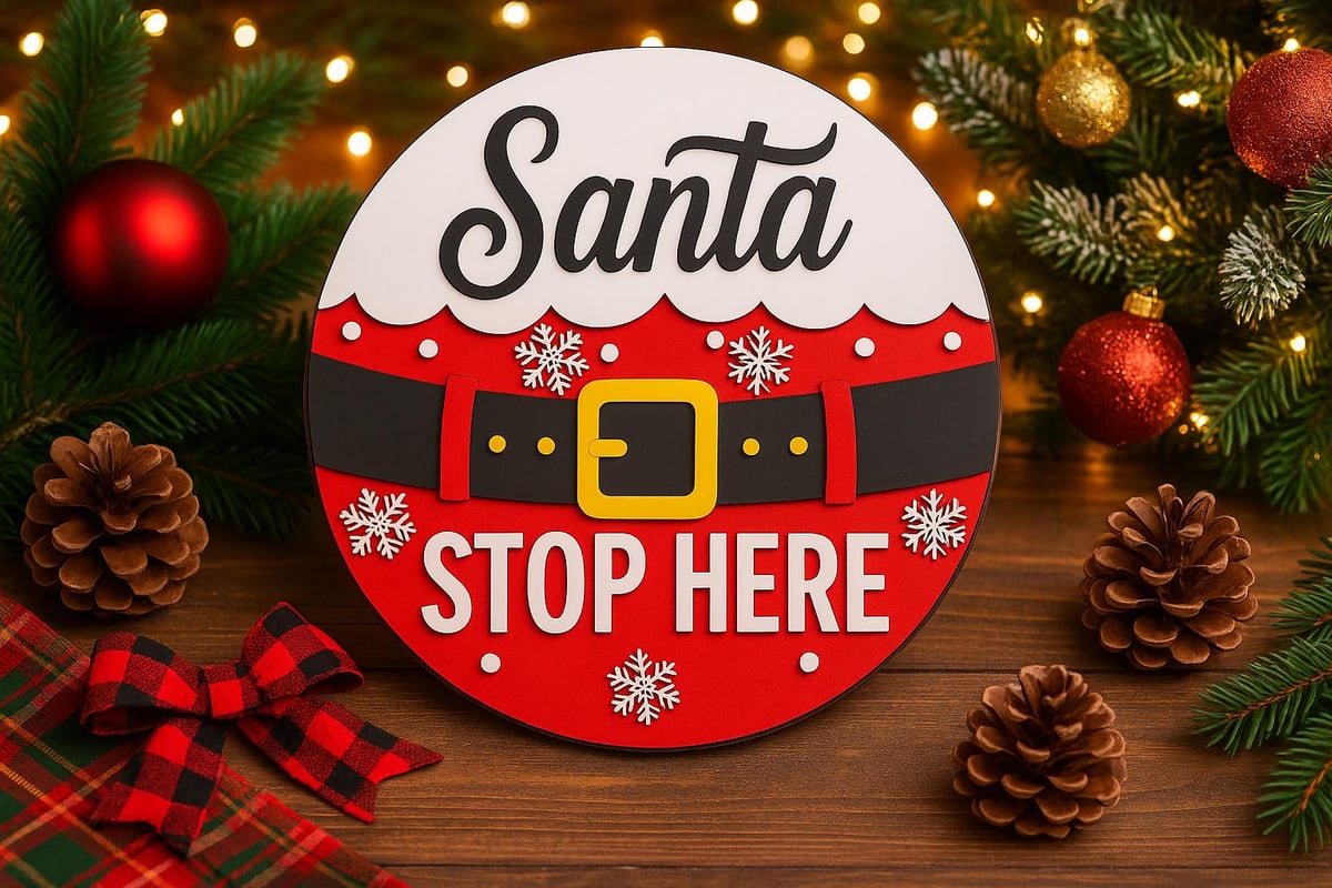 red Santa Stop Here sign with belt design, shown in a styled setting