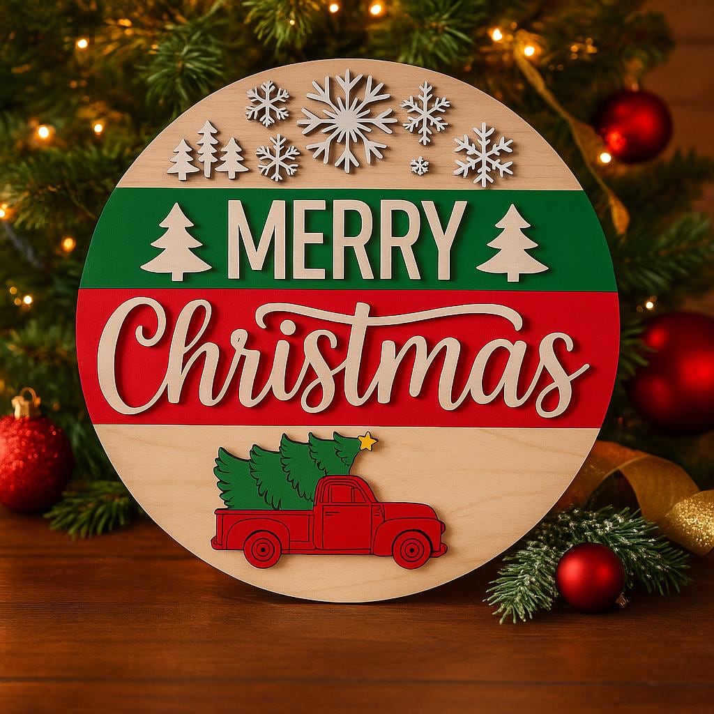 Merry Christmas red truck sign with trees and snowflakes, shown in a styled setting