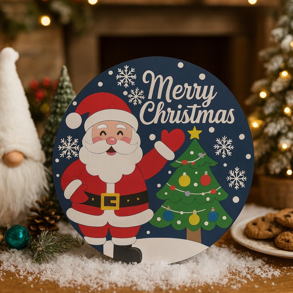 Santa and Christmas tree round sign with snowflakes, shown in a styled setting